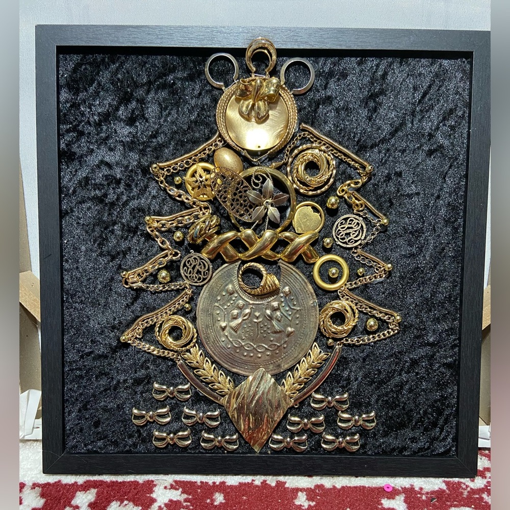 OOAK Handmade Framed Vintage & Modern Costume Jewelry Christmas Tree Mosaic Art.